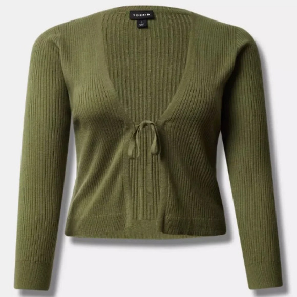 TORRID Cardigan Tie-Front Ribbed Sweater in Olivine - Size 1 (14/16) - Picture 2 of 12